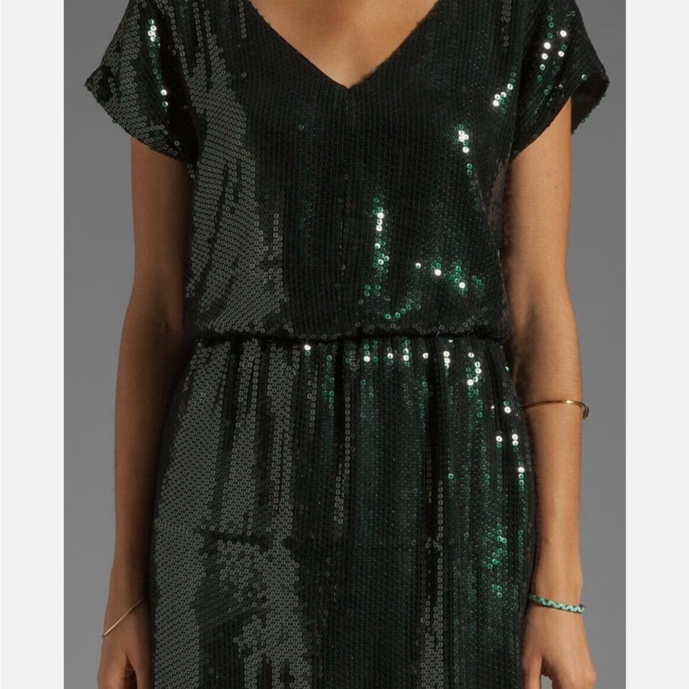 Trina Turk, size 8, goldfinger blouson dark green sequined dress - Picture 5 of 9